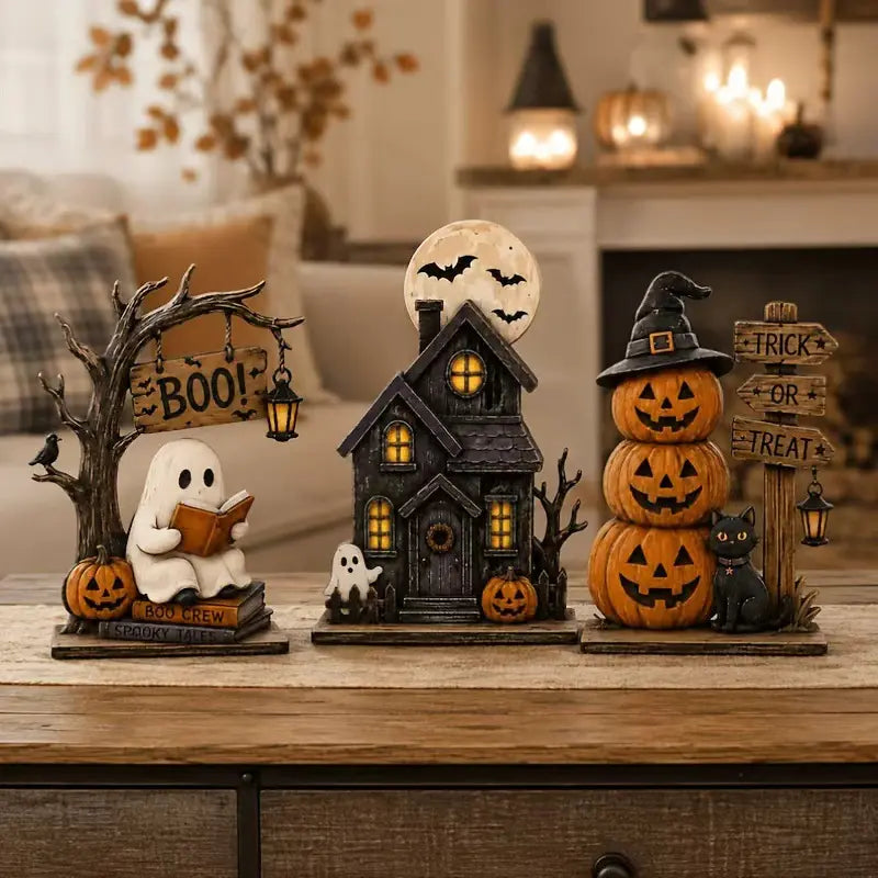 Vintage Halloween resin décor set styled on a table near a fireplace