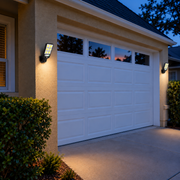 USA garage at dusk — 2 solar security lights