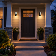 USA house entrance at dusk — 2 solar security lights