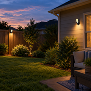 USA backyard garden at dusk — 2 solar security lights