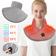 Woman wearing USB heated neck wrap