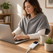 USA woman at desk — exact packing grey heating shawl + white LCD remote