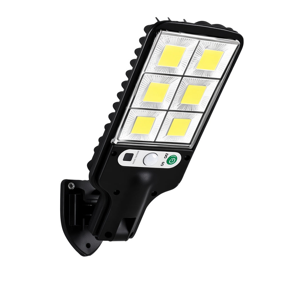 Solar security wall light — true-proportion studio packshot, 2×3 LED panel